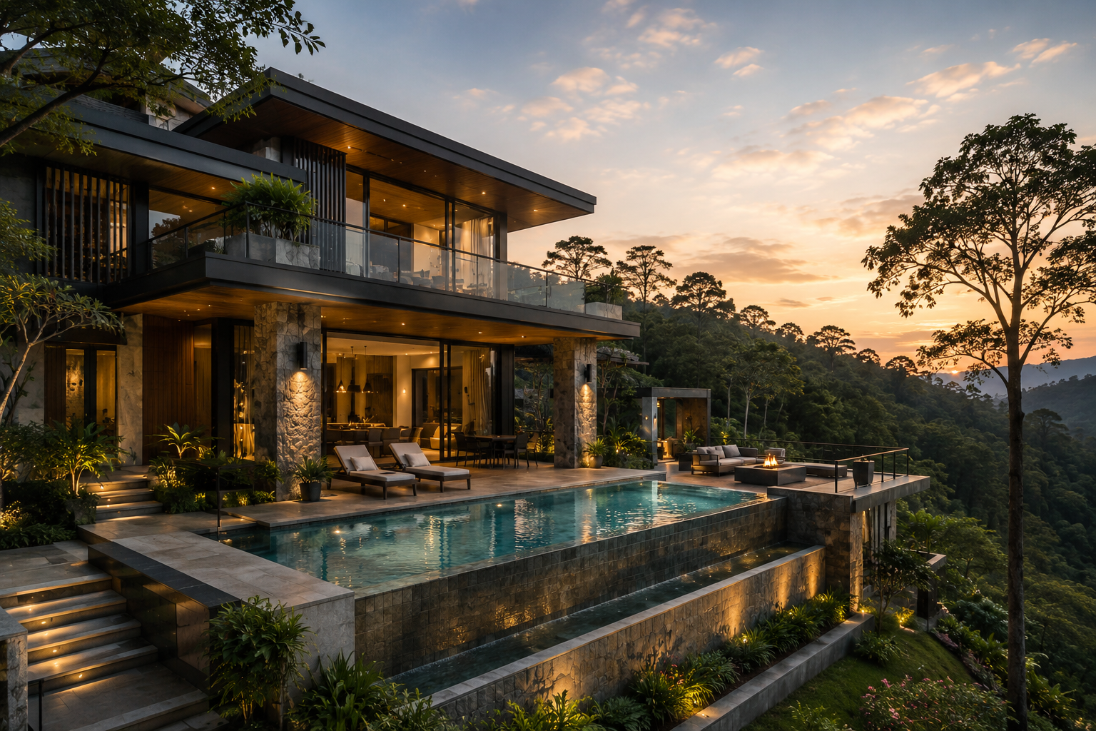 Lush green mountain valley with forest views